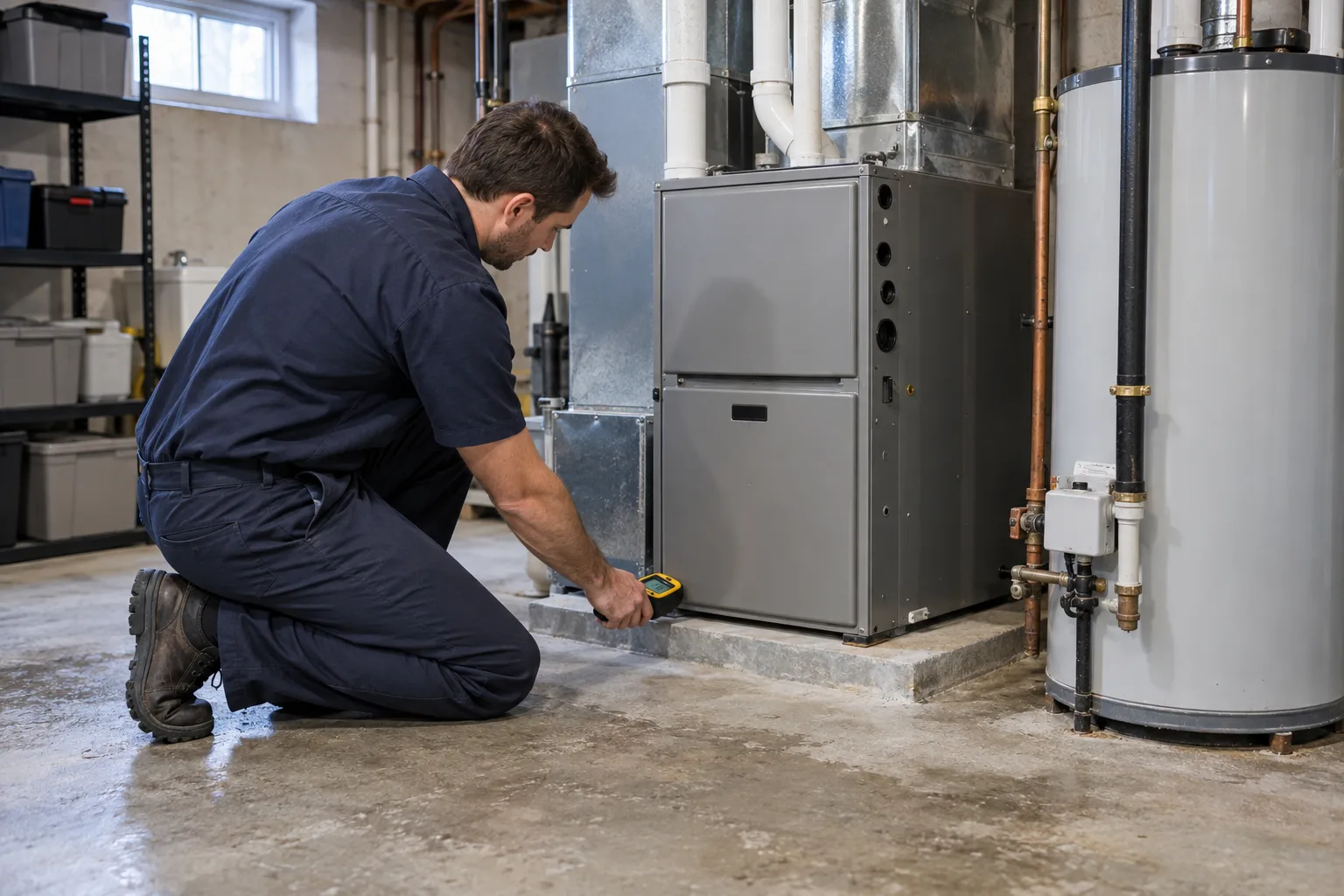 Technician inspecting mechanical equipment after basement flooding