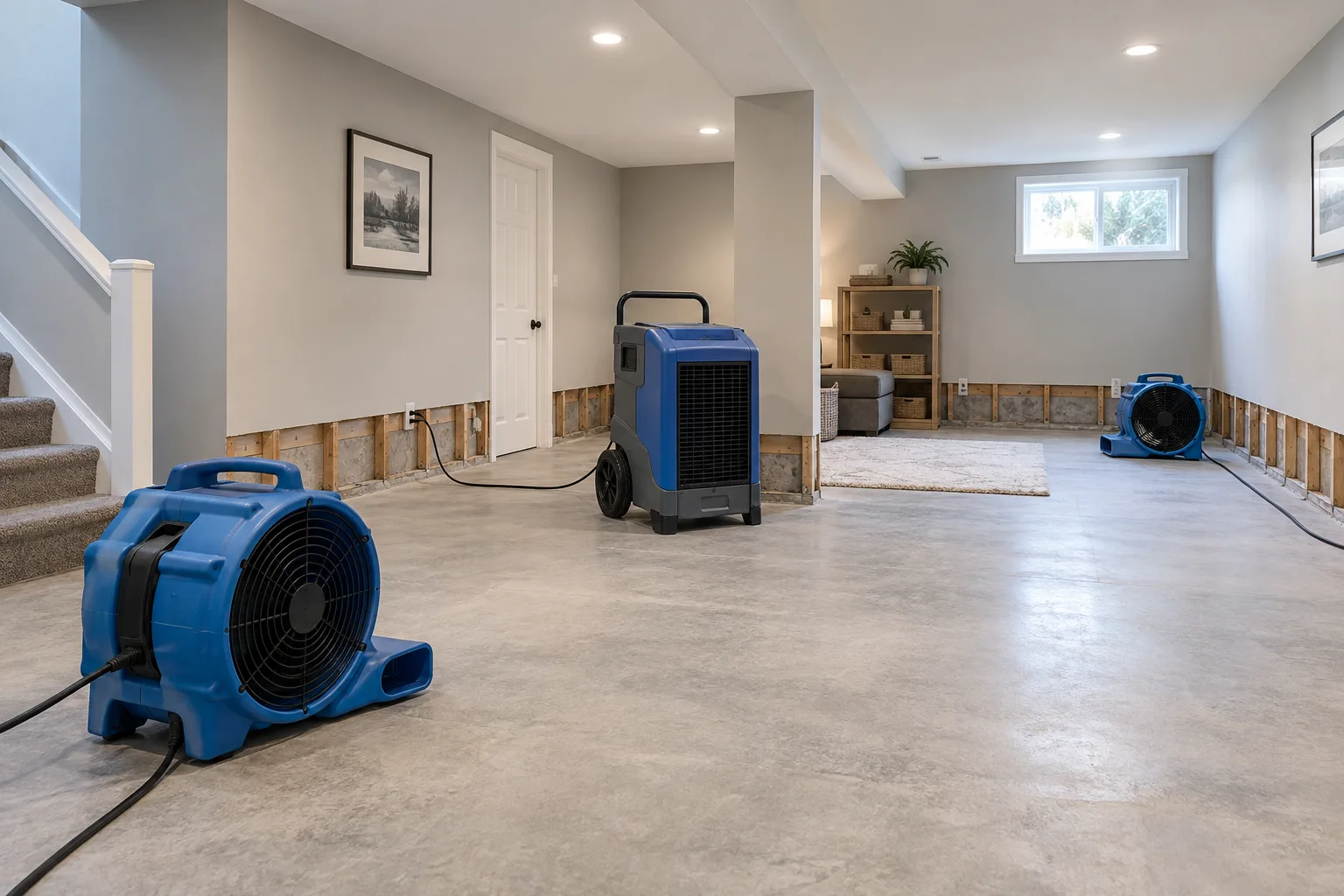 Air movers and dehumidification drying a basement