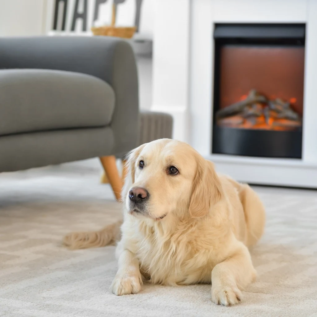 A comfortable living room warmed by a fireplace