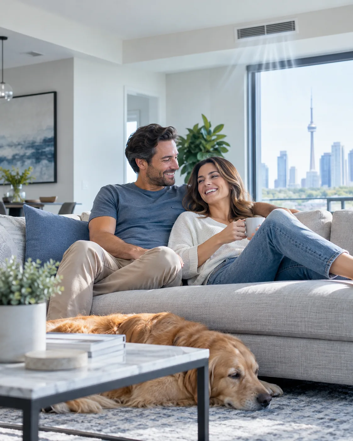 A couple relaxing in a bright Toronto home cooled by central air conditioning